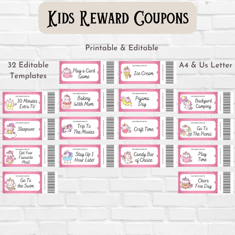 Kids Reward Coupons, Unicorn Reward Tickets, Prefilled Coupons, Blank
