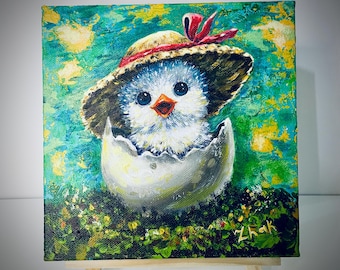 Painting “Chick in a Straw Hat”, Original Acrylic Artwork, Whimsical Naive Art, 20 x 20cm