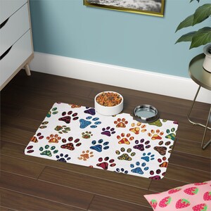 Colorful Paw Print Pet Food Mat | Fun Cat & Dog Feeding Mat | Non-Slip Pet Bowl Mat | Pet Accessories | Cute Animal Decor
