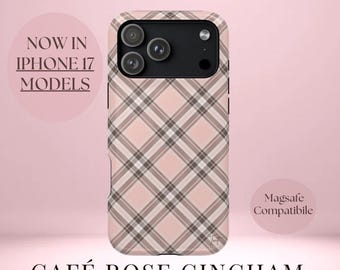 Café Rose Gingham iPhone 17 Case, iPhone Cases, Pink Brown Checkered Phone Cover, Tartan Fall Phone Case, Cozy Chic Gift for Her
