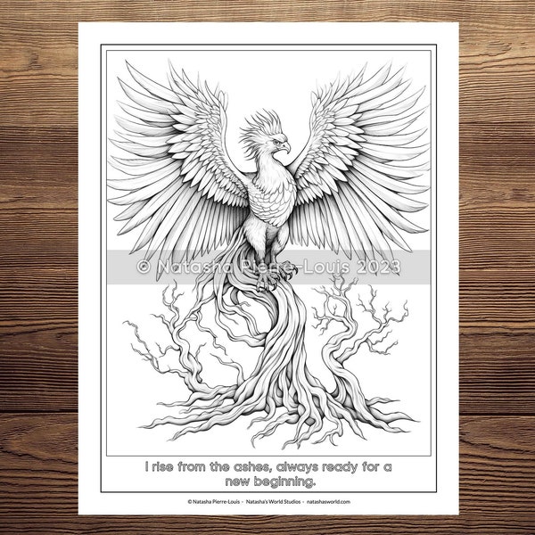 Phoenix Coloring Page from the Mythical Affirmations Coloring Book,  Printable JPG PNG Inspirational Grayscale Instant Download