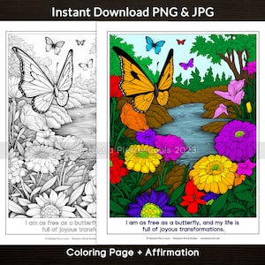 Butterfly Garden Coloring Page for Adults and Kids, Grayscale Inspirational Printable, JPG PNG Instant Download, Mythical Affirmations