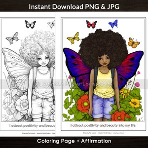 Black Fairy Girl Coloring Page for Adults and Kids, Grayscale Inspirational Printable, JPG PNG Instant Download, Mythical Affirmations