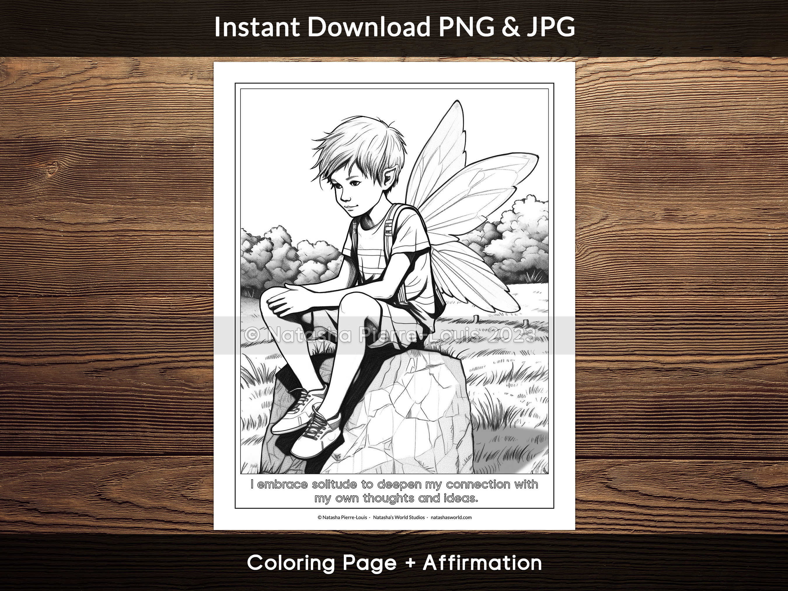 Young Boy Fairy Coloring Page for Adults and Kids, Grayscale ...