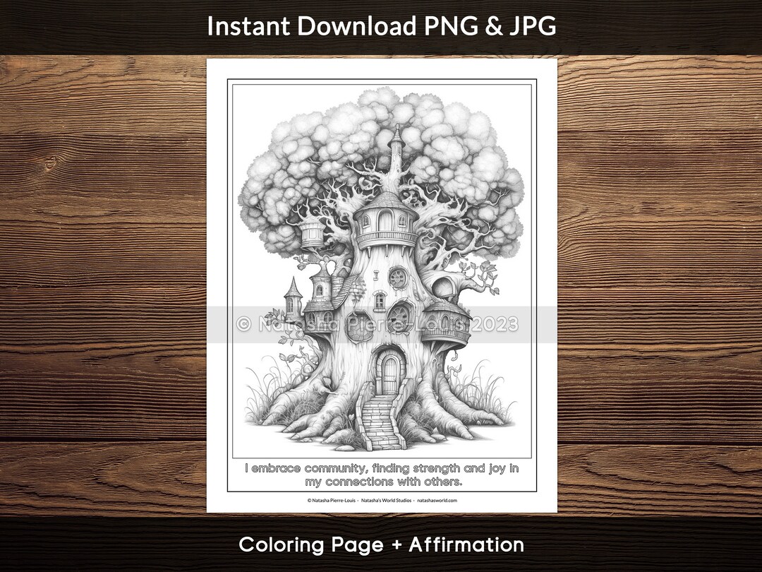 Fairy Tree House Coloring Page: Mythical Affirmations (JPG, PNG Digital ...