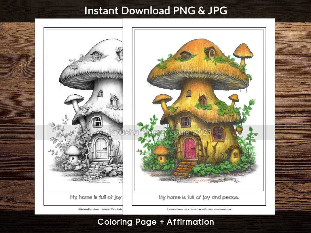 Fairy Mushroom House Coloring Page for Adults and Kids, Grayscale ...