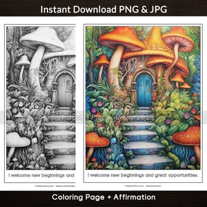 Mushroom House Coloring Page for Adults & Kids, Grayscale Printable, JPG PNG Instant Download, Cover of Mythical Affirmations Coloring Book