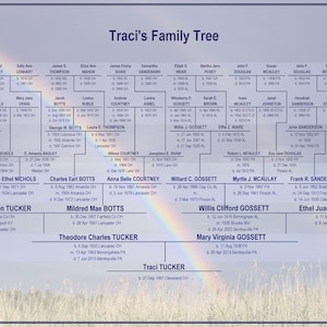 Puede incluir: Un gráfico de árbol genealógico colorido con un fondo de arcoíris. El gráfico muestra los nombres y las fechas de nacimiento, matrimonio y muerte de varias generaciones de una familia. El gráfico está titulado "El árbol genealógico de Traci".