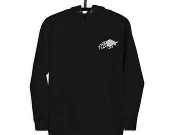 May include: Black hoodie with a kangaroo pocket and a drawstring hood. The hoodie features a geometric design of a bull on the upper left chest. The bull is gray and the hoodie is hanging on a black hanger.