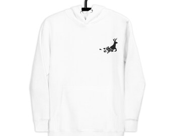 May include: White hoodie with a black geometric deer design on the left chest.
