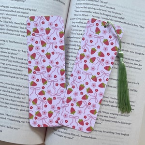 Bows and Strawberries Laminated Bookmark | Tassel Bookmark | Double Sided Bookmark | Laminated Bookmark | Bookish Gift | Cute Bookmark
