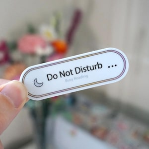 May include: An elongated oval sticker with a white background and a thin, multi-colored border. The text reads Do Not Disturb with a crescent moon icon on the left and three dots on the right. Below the main text, the words Busy Reading appear.