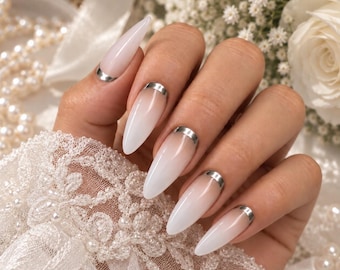 Wedding Press On Nails, Silver French Nails, Bridal Press On Nails, Milky White Nails, Reverse French Nails, Modern Bride Nails