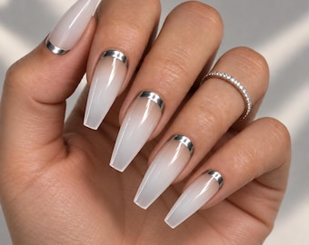Silver French Press On Nails, Chrome French Nails, Long Coffin Press On Nails, Silver Tip Nails, Handmade Press On Nails