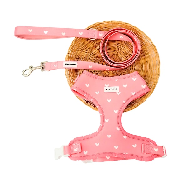 Pink Harness & Leash Set for Dogs - Pretty in Pink Hearts Collection, Dog Puppy Gift, Holiday Gift For Dog Lovers, Harness For Girl Dog
