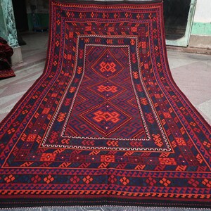 Afghan Geometric Ghalmoori Kilim Rug- 8.4x16.6 ft Handmade Wool Flatweave Rug- Large Red Area Rug- Turkmen Traditional Dining Table Rug 8x17