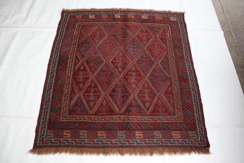 Afghan Antique Square Rug, 4x4 Handmade Wool Rug, Geometric Design Area ...