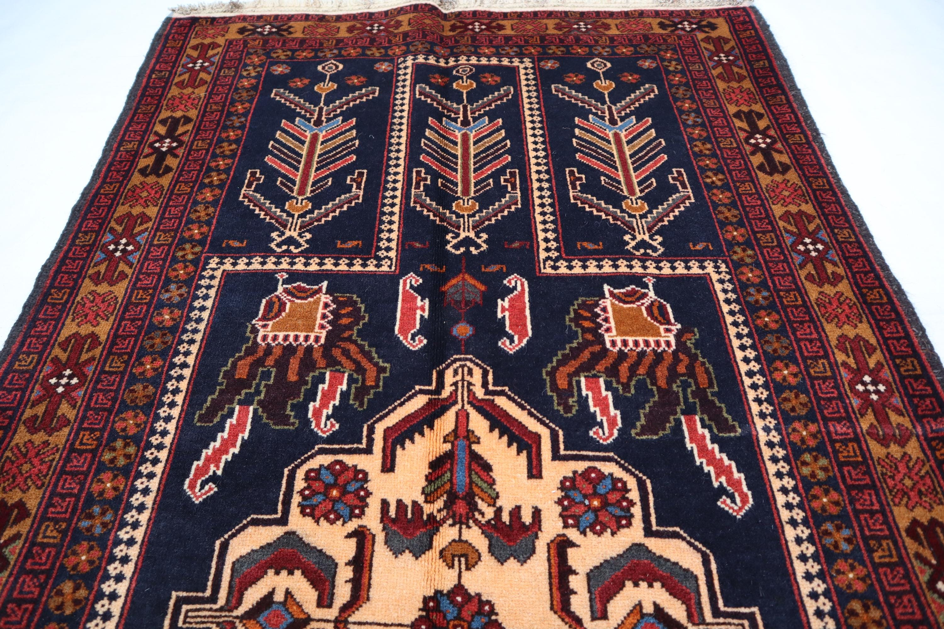 アフガニスタンのヴィンテージブルーラグ、3x5インチのハンドメイド