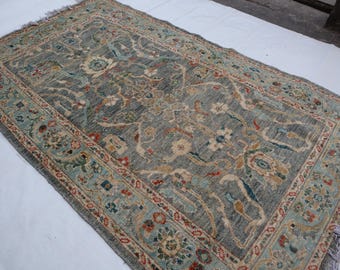 Afghan Vintage Area Rug, 5x8 Handmade Wool Rug, Geometric Oshak Design Rug, Turkmen Tribal Rug, Soft Pile Green Rug, Rug For Christmas Sale