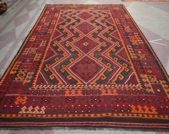 9x14 Large Flatweave Antique Rug- Afghan Handmade Old Wool Area Rug- 8.7x13.11 ft Ghalmoori Kilim Rug- Turkmen Tribal Rug- Dining Table Rug