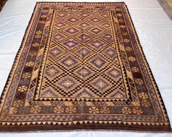 6x8 ft Terracotta Rug, Handmade Wool Rug, Flatweave Kilim Rug, Afghan Vintage Rug, Geometric Design Rug, Turkmen Tribal Rug, Rug For Bedroom