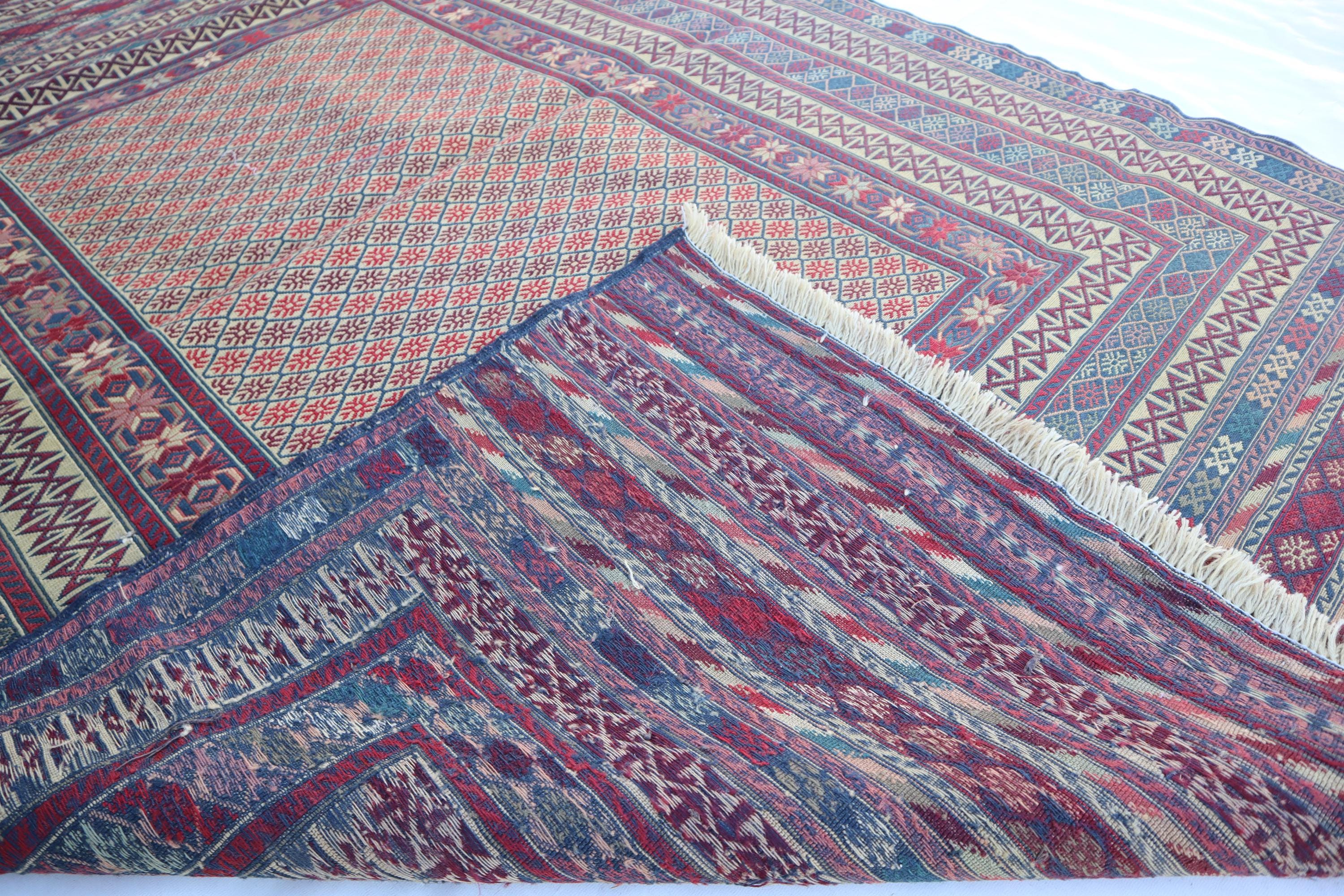 高品質キリムラグ、4.5x6.5インチのハンドメイドウールラグ、幾何学