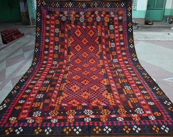 Tappeto Kilim Ghalmoori afghano vintage - 2,16 x 3,84 m, fatto a mano in lana antica, colore rosso - Tappeto tribale turkmeno di alta qualità, tessitura piatta, grande, per soggiorno