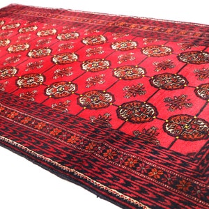 Red Area Afghan Vintage Rug, Handmade Wool Rug, Geometric Design Mowri Gul Rug, Turkmen Tribal Rug, 3x6 Soft Pile Oriental Rug, Office Rug,