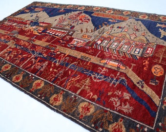 Afghansk vintagematta 3x5, handgjord ullmatta, orientalisk matta med bilder på djur, turkmensk tribalmatta, balochimatta med mjuk lugg, väggdekorationsmatta,