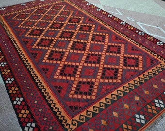 Tappeto Kilim antico Ghalmoori - Tappeto rosso in lana antica fatto a mano afgano 7,11x12,6 - Kilim con design Ghalmoori - Tappeto tribale turkmeno a tessitura piatta - Tappeto da soggiorno