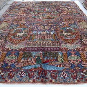 10x13 Turkmen Tribal Rug, Pictorial Shikari Rug, One Of A Kind Rug, Handmade Wool Rug, Pictorial Birds Floral Rug, Bedroom Living Room Rug,