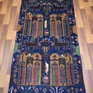 Antique Pictorial Rug- 2.7x4.8 ft Afghan Baluchi Design Rug- Handmade Wool Navy Blue Rug- Oriental Turkmen Rug- Living Room, Bedroom Rug 3x5