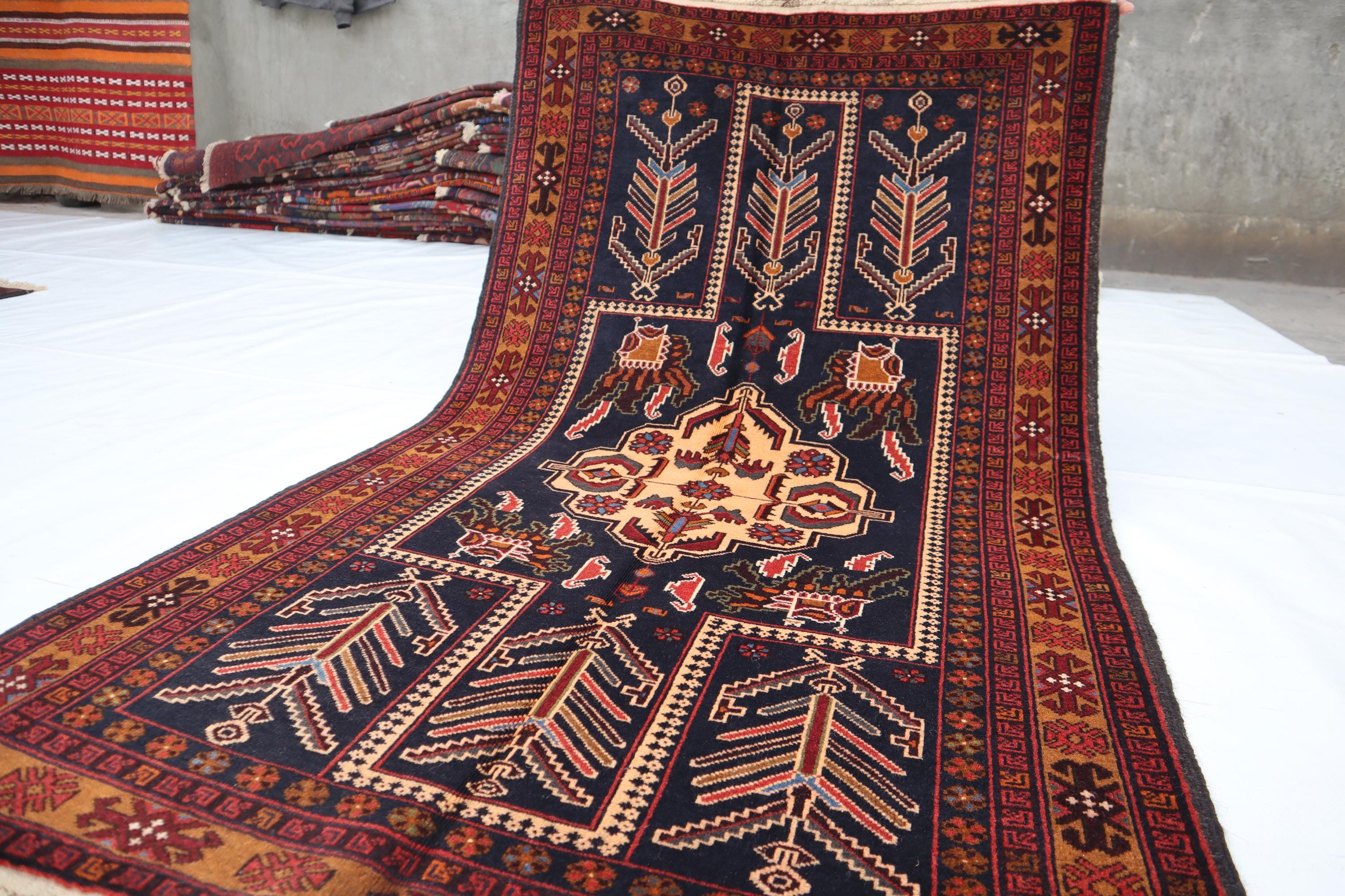 アフガニスタンのヴィンテージブルーラグ、3x5インチのハンドメイド