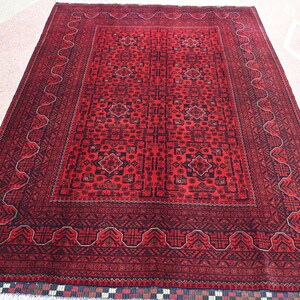 Afghan Bukhara Rug- 5.8x8.1 ft Oriental Turkmen Rug- Hand Knotted Organic Wool Area Rug- Tribal Red High Pile Rug- Bedroom Rug-Kids Room Rug