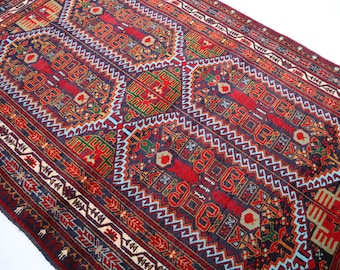 3x5 ft Afghan Vintage Geometric design Rug- Hand Knotted Wool Blue Rug- Turkmen Tribal Rug-Persian Oriental Rug-Rug for Bedroom, Office 3x5,