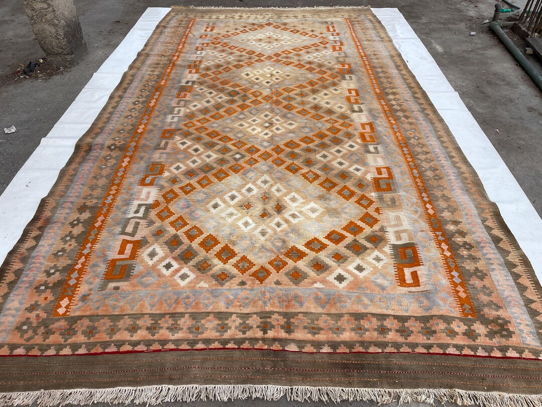 9x16 Afghan Antique Rug, Handmade Wool Rug, Terracotta Geometric Design ...