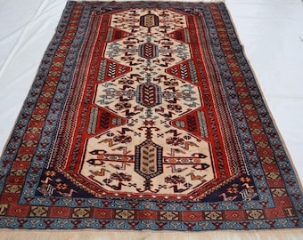 Afghan Antique Rug, 5x6 Hand knotted Wool Rug, Geometric Design Rug, Beige Red Rug, Persian Oriental Rug, Soft Pile Rug, Rug For Living Room