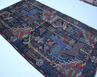 4x7 Animal Pictorial Rug, Afghan Hand Knotted Wool Rug, Antelopes Art,