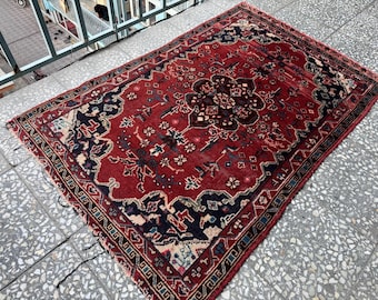 Antique Red Area Rug, 3x4 Handmade Wool Rug, Geometric Design Rug, 1940s Soft Pile Oriental Rug, Turkmen Tribal Rug, Rug For Office Kitchen,