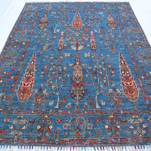 Blue Area Pictorial Modern Rug, 5x7 Afghan Handmade Wool Rug, Vegetable Dyes Oriental Soft Rug, Tree Of Life Birds Rug, Rug For Living Room,
