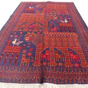 Afghan Pictorial Blue Rug, 3x5 Handmade Wool Rug, Animal Pictorial Rug, Rug, Home Decorative Rug, Soft Pile Vintage Rug, Rug For Mothers Day
