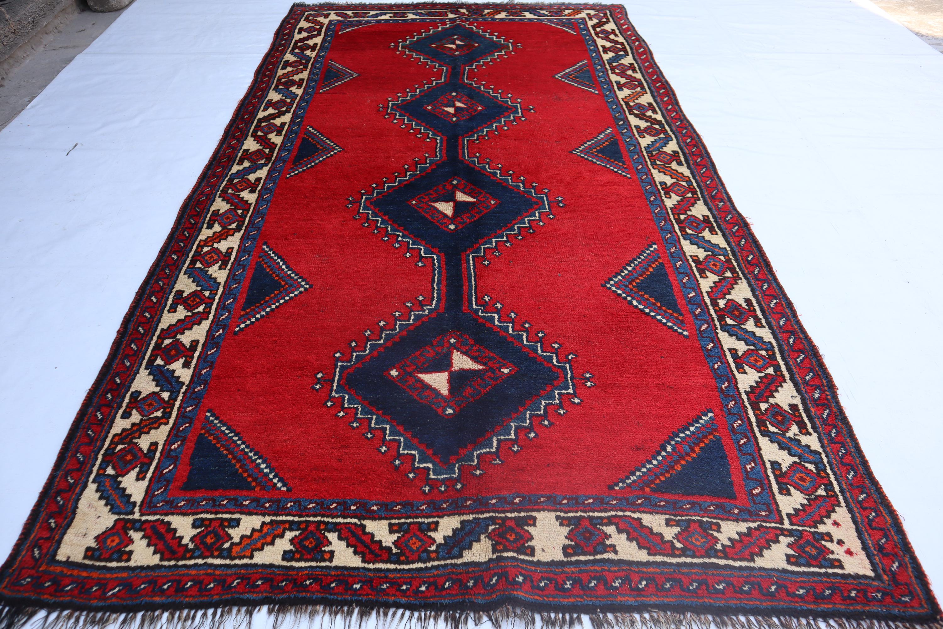 4.5x7.9 Antique Red Rug, Afghan Handmade Wool Rug, Turkish Geometric Rug, Turkmen Tribal Rug, Caucasian Unique Rug, Living Room Office Rug,