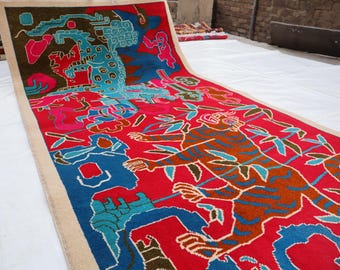 Afghan Hunting Red Rug, 3x6 Handmade Wool Rug, Organic Dye Rug
