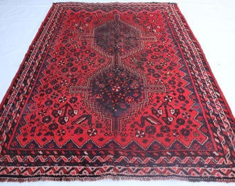 Tappeto a pelo corto anni '60, tappeto in lana fatto a mano 3x4, tappeto tribale antico, tappeto dal design caucasico, tappeto rosso tinto con coloranti organici, tappeti tradizionali, tappeto per ufficio