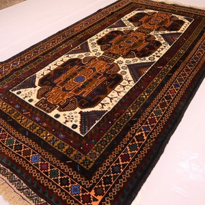 4x7 Afghan Rug, Hand Knotted Wool Rug, Geometric Vintage Rug, Collector Piece Rug, Oriental Balochi Rug, Rug For Living Room Rug for Office