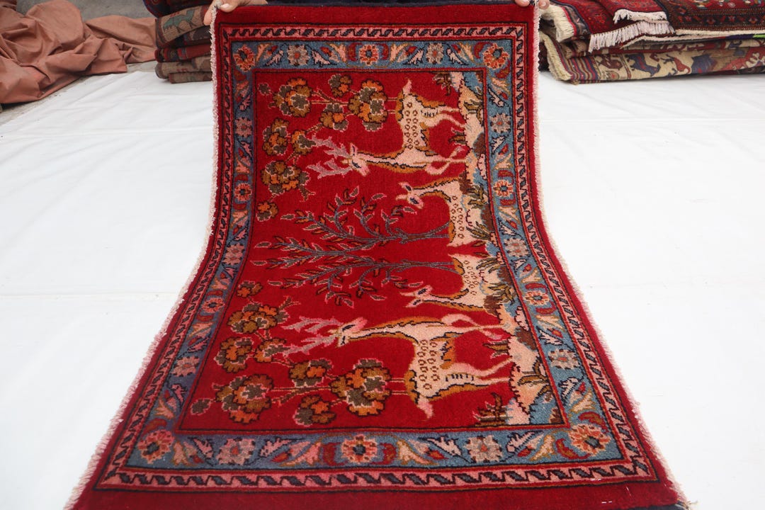 ⌘ antique 絨毯　③ ⌘ Antique Pictorial Birds Rug, 2x3 Handmade Wool Rug, Organic Dyes
