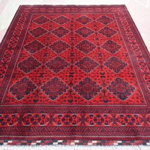 6x8 ft Oriental Afghan Bukhara Rug-5.9x7.6 ft Handmade Organic Wool High Pile Red Rug- Turkmen Tribal High Quality Rug- Bedroom, Office Rug