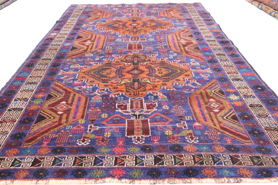 Antique Navy Blue Rug, 4x7 Afghan Handmade Wool Rug, High Pile Soft Rug, Adraskan Geometric Design Rug, Traditional Area Rug, Rug For Office
