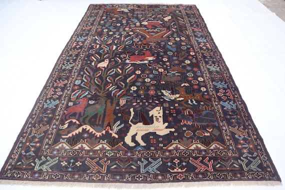 アフガニスタンのヴィンテージ絵画ラグ、4x7インチのハンドメイド