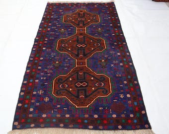 Rich Blue Vintage Rug, 3x6 Handmade Wool Rug, 1970s Geometric Design Rug, Afghan Oriental Soft Rug, Collector Piece Rug, Rug For Bedroom,